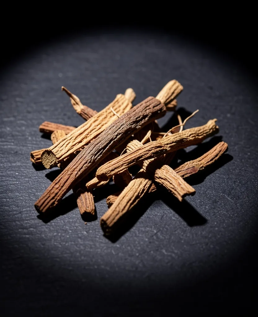 Ashwagandha root macro on dark surface