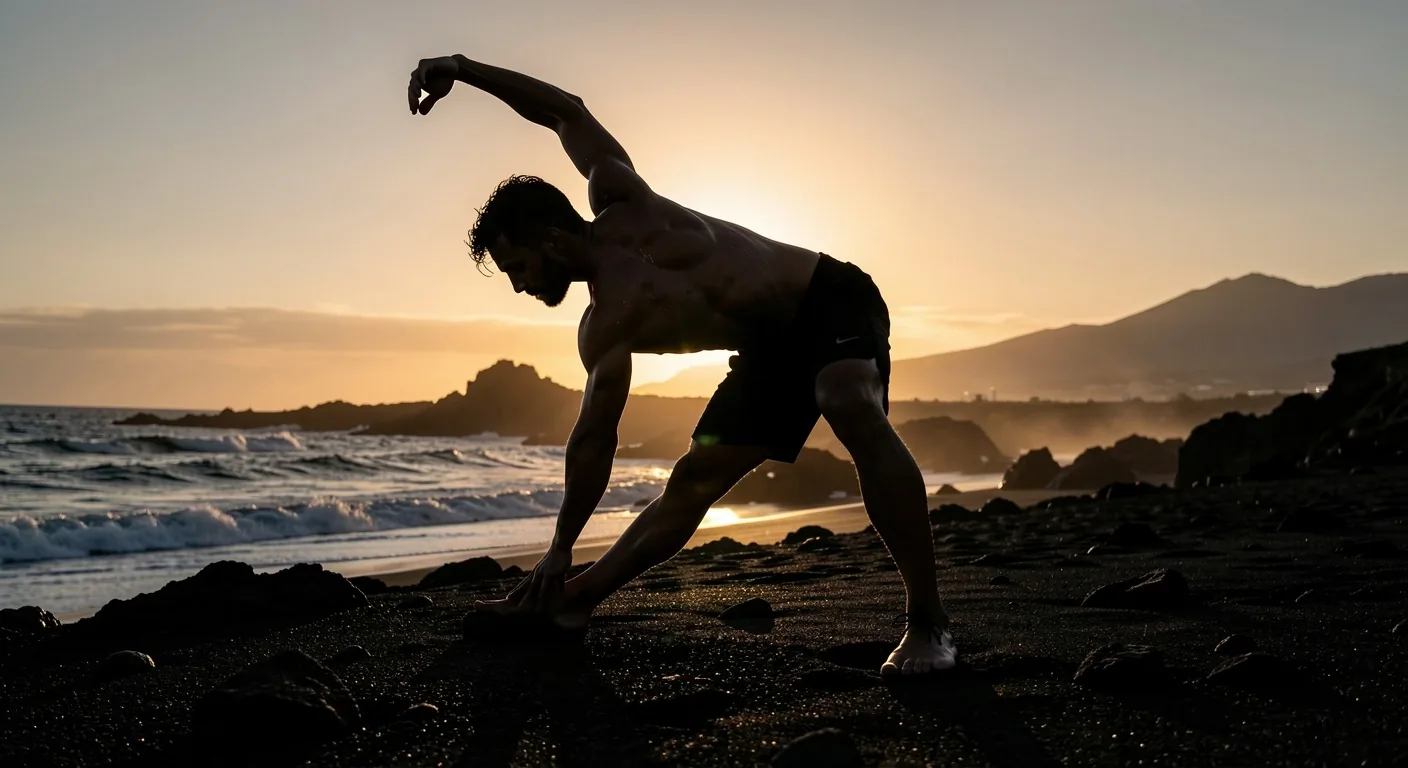 Man stretching on a dark beach at dawn