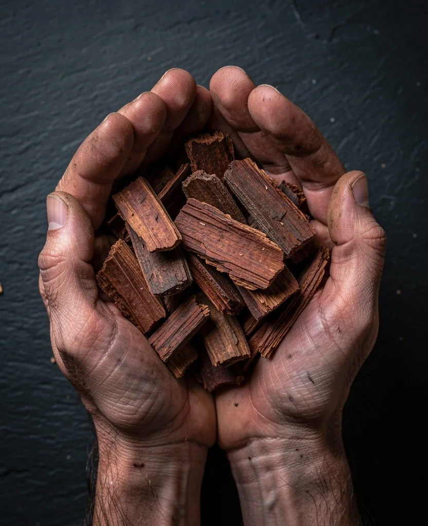 Raw pine bark fragments in hands