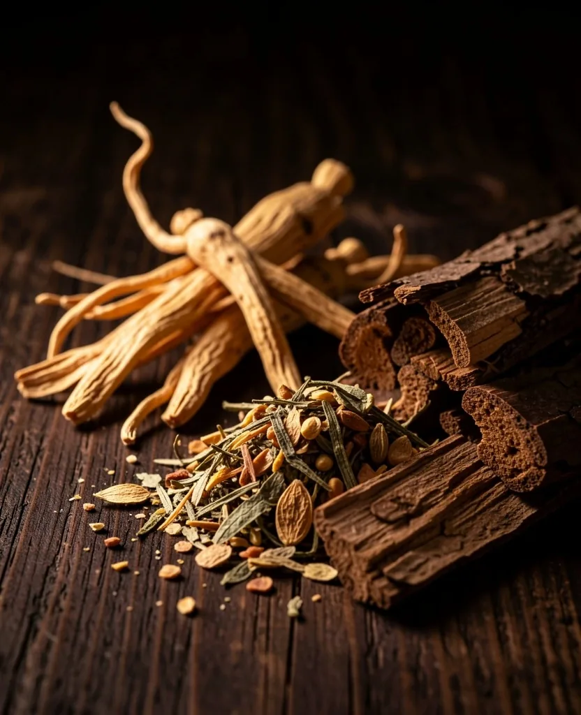Macro photograph of pine bark and ashwagandha root on dark surface