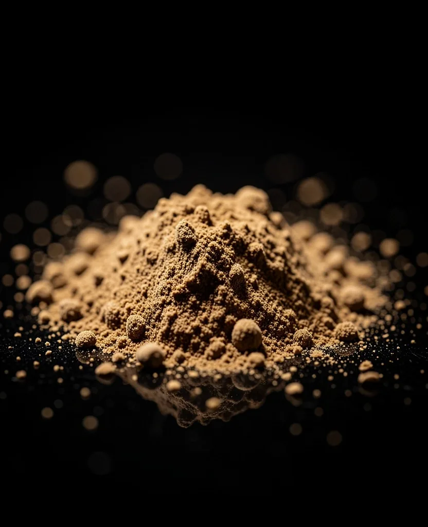 Macro view of ashwagandha root powder under laboratory lighting
