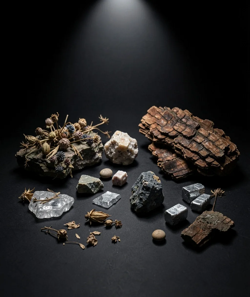 Mineral crystals and botanical specimens on a dark laboratory surface