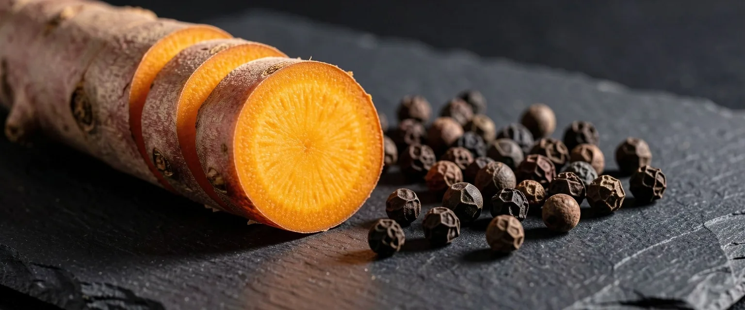 Turmeric root and black peppercorns on a dark surface