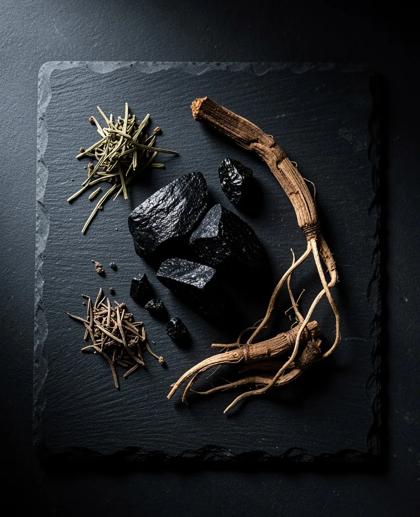 Botanical and mineral supplement ingredients under studio lighting
