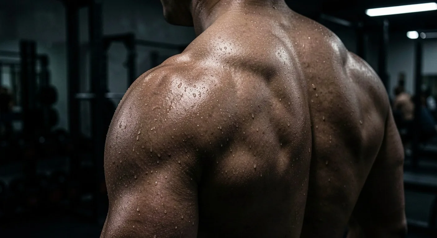 Athletic back and shoulder under low light after training