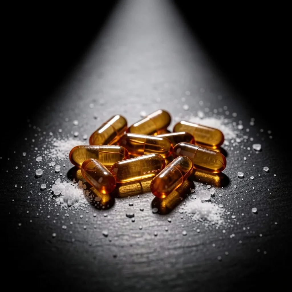 B-complex supplement capsules on a dark surface under studio light