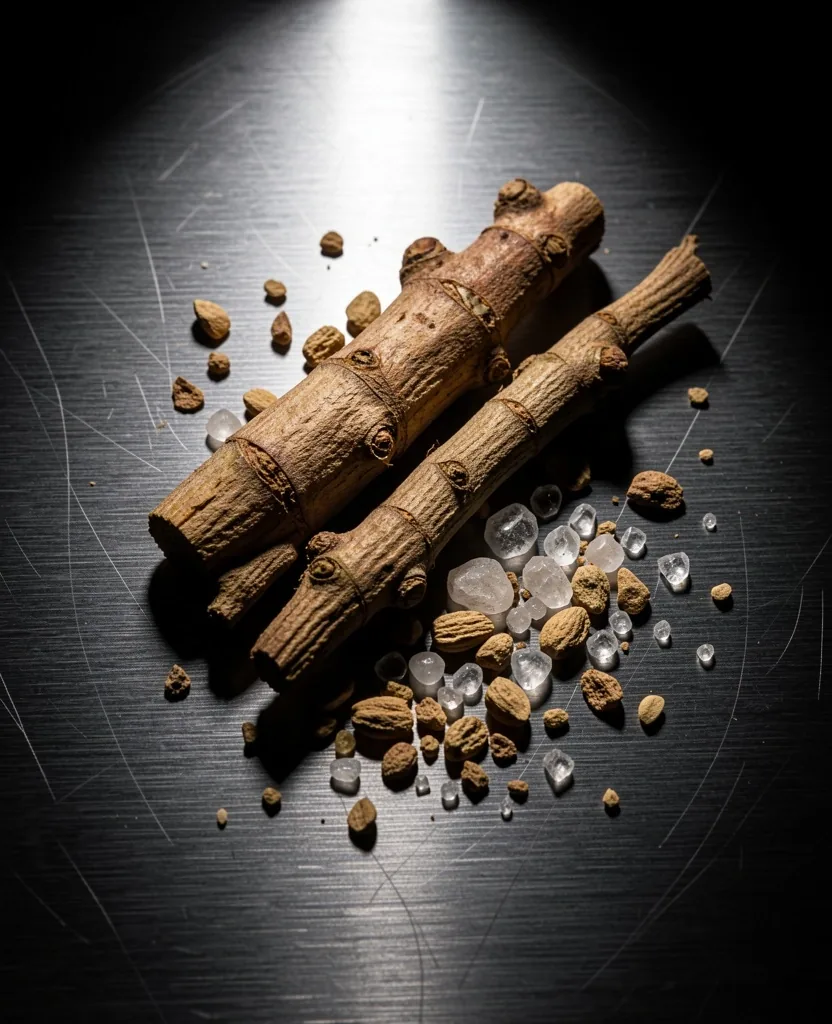 Macro photograph of raw botanical root and mineral crystals on a dark surface