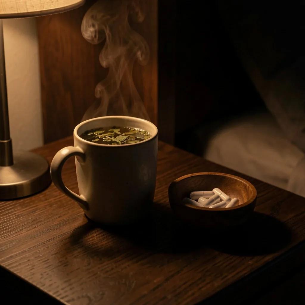Herbal tea and magnesium on a nightstand at night